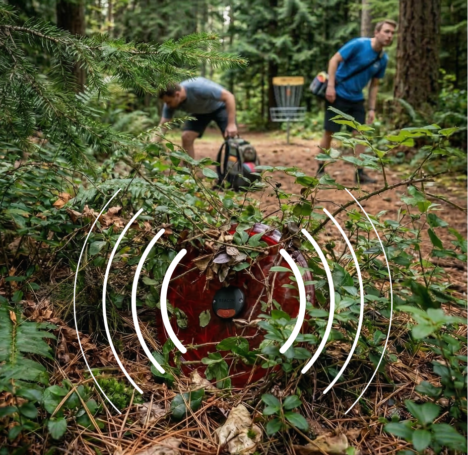 Beacon attached to a disc with sound waves in a forest setting, people in the background.